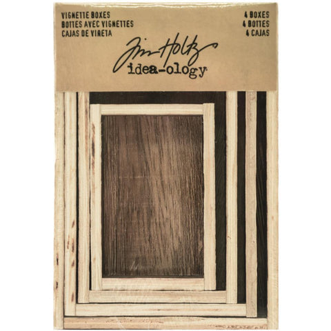 Idea-Ology Wooden Vignette Boxes - by Tim Holtz ... 4 (four) rectangular brown open box frames. Wooden, shallow box to use for storage, creating off the page creations or mixed media projects. 4 (four) sizes, one of each size ranging from smallest tray 2 1/8" x 3 1/8", largest is 3 7/8" x 5 1/2". Depths range from 13/16" to 1 1/2" deep. Designed by Tim Holtz, made by Advantus Corp. TH93279