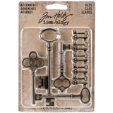 Tim Holtz Idea-Ology - Adornments Keys . This pack of metal keys are finished in an antique style pewter colour. With 4 (four) large keys and 10 (ten) miniature keys in 2 (two) styles, there's something for any project whether its a birthday card or for the front cover of a journal. The tiny keys are a perfect size for a dolls' house too!