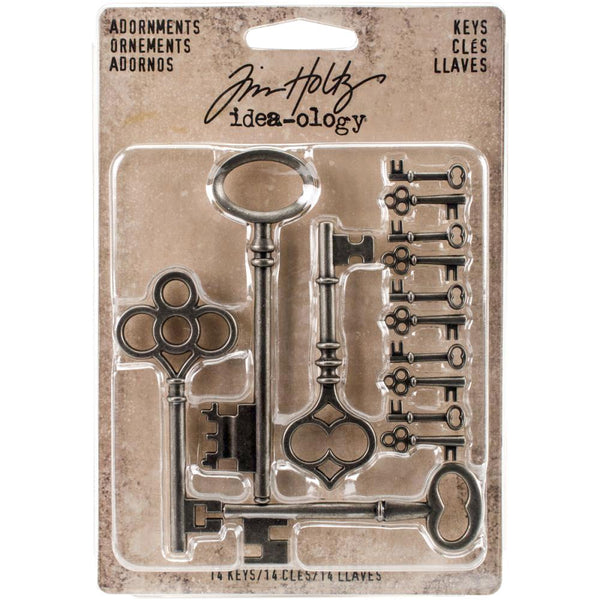 Tim Holtz Idea-Ology - Adornments Keys . This pack of metal keys are finished in an antique style pewter colour. With 4 (four) large keys and 10 (ten) miniature keys in 2 (two) styles, there's something for any project whether its a birthday card or for the front cover of a journal. The tiny keys are a perfect size for a dolls' house too!