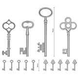 Tim Holtz Idea-Ology - Adornments Keys . This pack of metal keys are finished in an antique style pewter colour. With 4 (four) large keys and 10 (ten) miniature keys in 2 (two) styles, there's something for any project whether its a birthday card or for the front cover of a journal. The tiny keys are a perfect size for a dolls' house too! Photo showing dimensions.