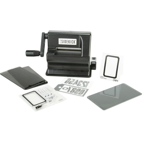Sizzix Sidekick Die Cutting and Embossing Machine in Black ... Portable and Light Yet Strong - Tim Holtz Signature Design plus Accessories.  The Tim Holtz Sizzix Sidekick Machine is exactly what you’ve have been looking for ... a portable, affordable and adorable crafting system designed for the detailed wafer thin Thinlits and Framelits. Sizzix Tim Holtz Sidekick Die Cutting and Embossing Machine in Black, image shows the Sidekick with accessories