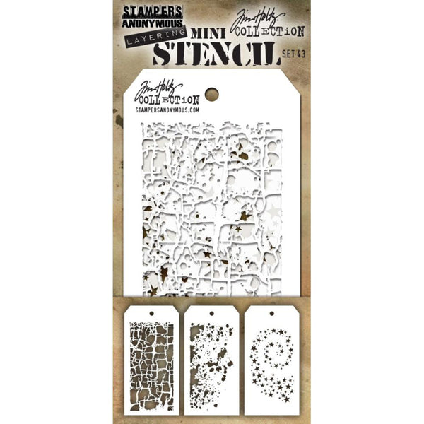 Decayed - Grime - Hocus Pocus ... Set no. 43 - Tim Holtz Layering Mini Stencils. Each stencil is 8cm x 16cm with a design space of approx 6cm x 12.5cm. Pack of 3, one of each design.   Decayed gives a crumbling worn out look. Grime adds splashes and splatters to a background (without the mess). Hocus Pocus is a beautiful spiral of intertwined stars.