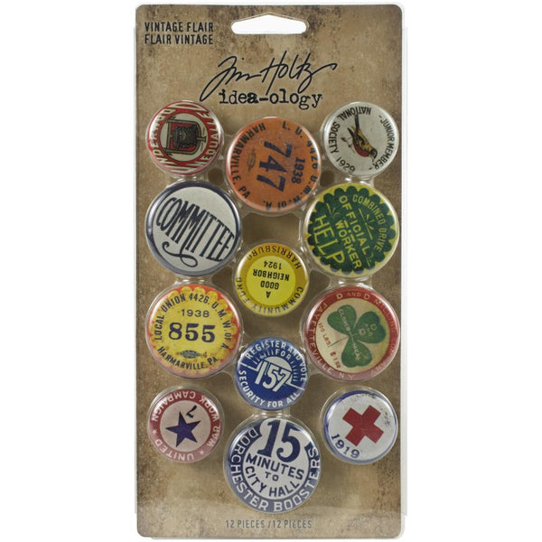 Tim Holtz Idea-Ology - Flair Buttons - Vintage Labels - 12 Pieces
