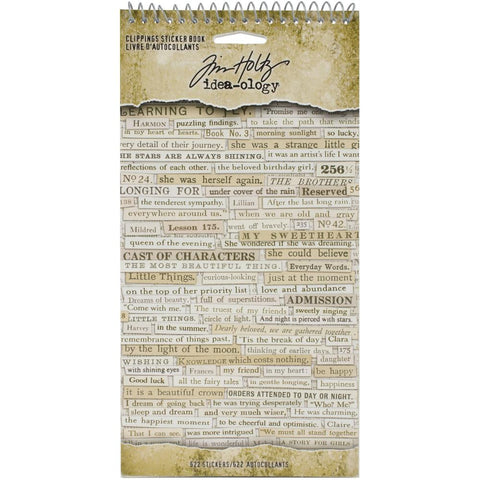 Clippings ... Idea-Ology Stickers by Tim Holtz - 622 stickers on 8 pages filled with thoughtful, positive and simply wonderful phrases and words for every day.  An eclectic collection of styles, fonts and typefaces. Black printing on antique white, cream, tan and light brown that will compliment almost every occasion and theme. Contents : 622 stickers on 8 pages (1 of each design). Stickers are approx : 3-7mm high, widths vary. Wire bound, 4.5" x 9".  Tim Holtz for Idea-Ology, made by Advantus Corp. TH94030