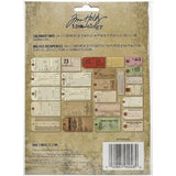 Salvaged Tags, Idea-Ology - by Tim Holtz ... Assorted Sizes and Various Shapes. Pack of 25 die cut printed tags with reinforced holes and 1 (one) length of natural white string, 3 yards long. Picture showing the various designs.