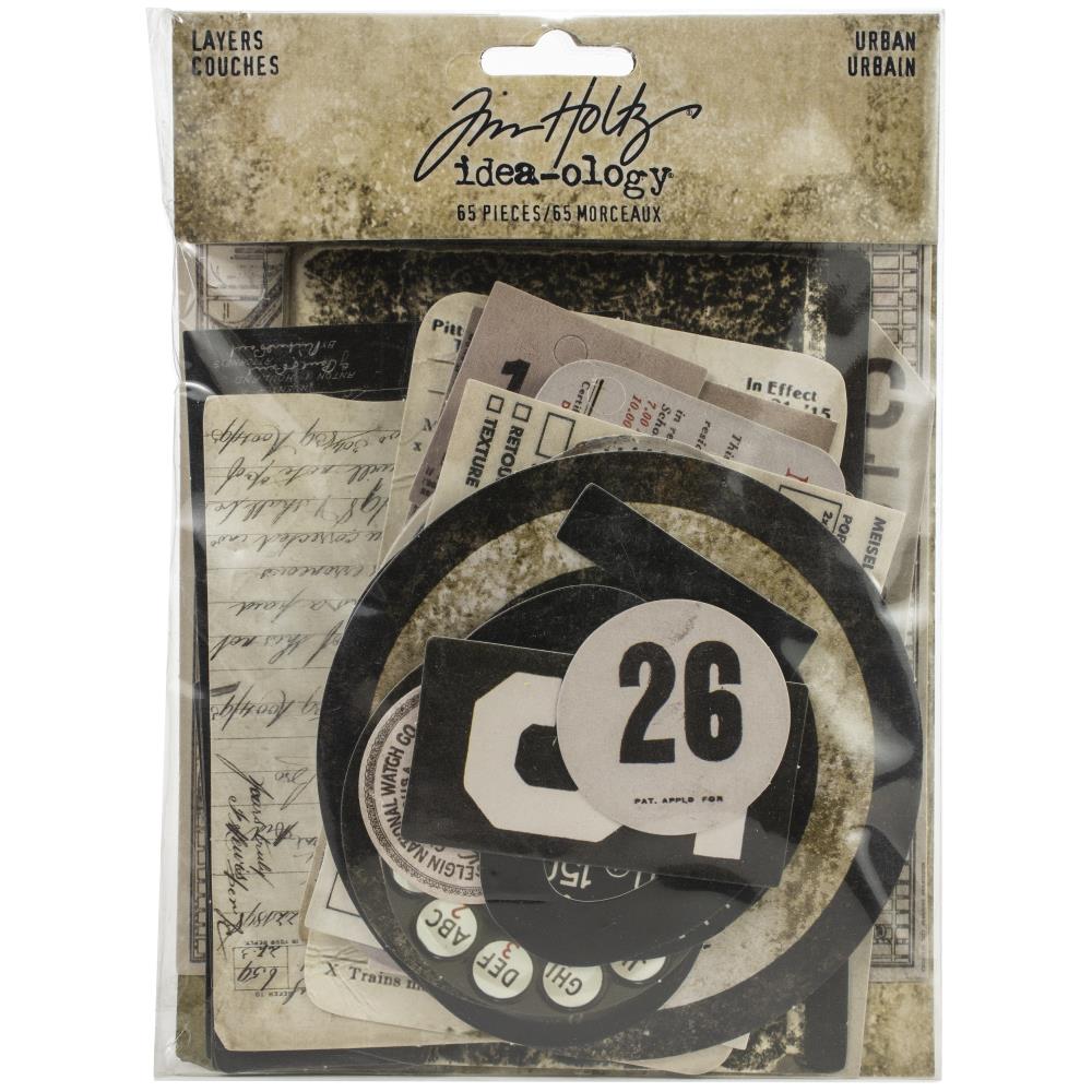 Urban Layers - Tim Holtz Idea-Ology die cuts&nbsp;... a curated collection of salvaged elements used for layering in papercrafts and visual arts of all kinds. 65 pieces.  This collection is a wonderful mix of vintage inspired die-cut pieces in neutral colour tones, with designs of giant numbers (numerals), banners (do not crush, glass), old tickets, labels, dials, ruler strip, bullseye, clockfaces and a whole lot more. 