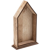 Vignette Shrine ... by Tim Holtz Idea-Ology. Wooden, shallow open-top box or tray to use for home decor, gifts, creative frames or mixed media projects. One house shaped design with 2 (two) rectangle pieces for the base. 3 (three) piece kit. Main tray is 4 1/4" x 9". Image showing the house on the 2 bases (also called shelves).