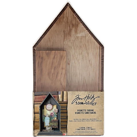 Vignette Shrine ... by Tim Holtz Idea-Ology. Wooden, shallow open-top box or tray to use for home decor, gifts, creative frames or mixed media projects. One house shaped design with 2 (two) rectangle pieces for the base. 3 (three) piece kit. Main tray is 4 1/4" x 9".