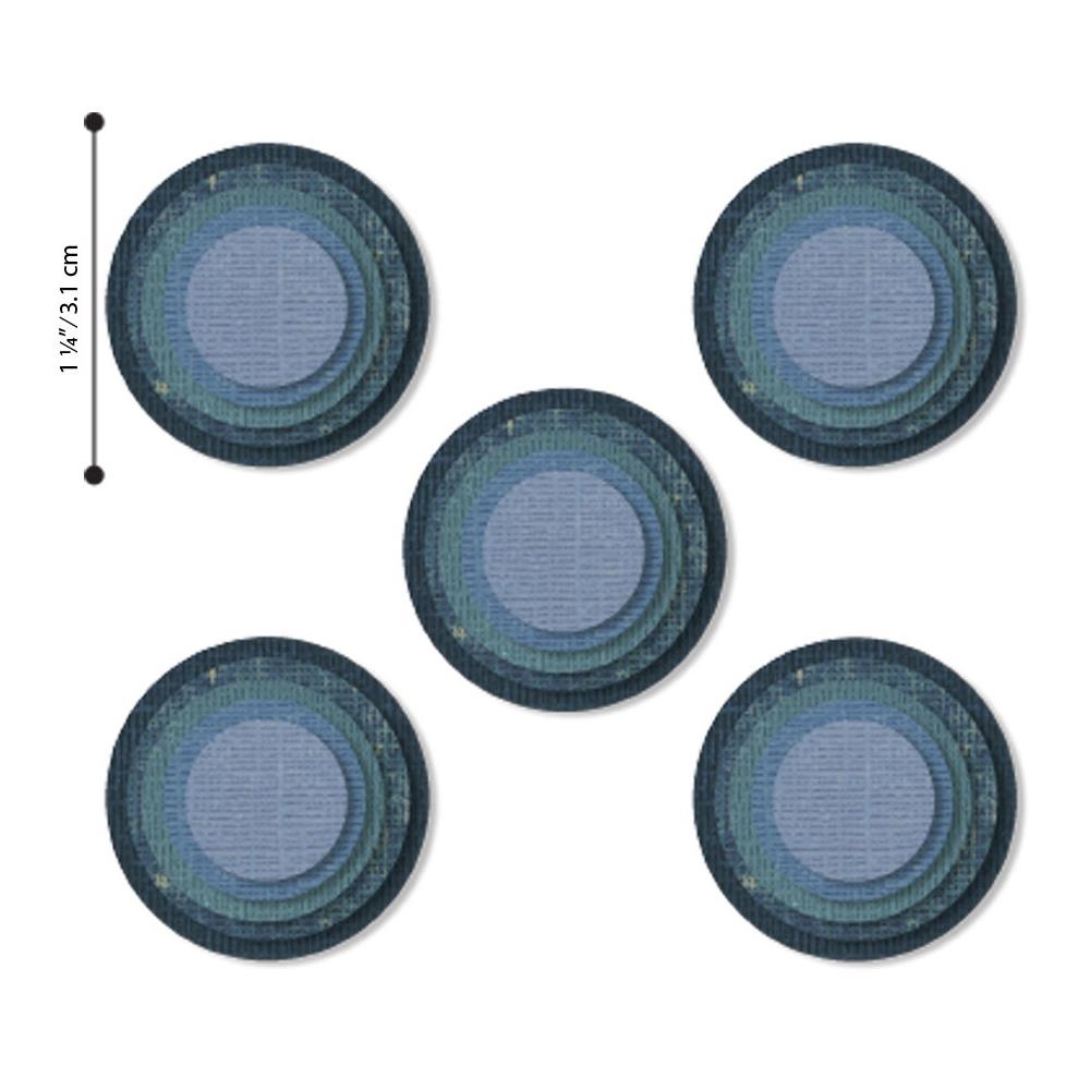 sizes of Circles, Stacked Tiles ... Thinlits Die Cutting Templates by Tim Holtz and Sizzix. 5 sizes (2.22cm to 4.45cm), 5 of each size template, 25 dies in total (no. 664437). Stacked Circle Tiles are very versatile Thinlits Die Cutting Templates that can be used to cut out a single shape or up to 25 shapes at once. Stacked Circles cut out rings of different sizes and thicknesses, shapes for holes (frames, portholes, windows), a background of shapes or an abundance of pieces for collage. 