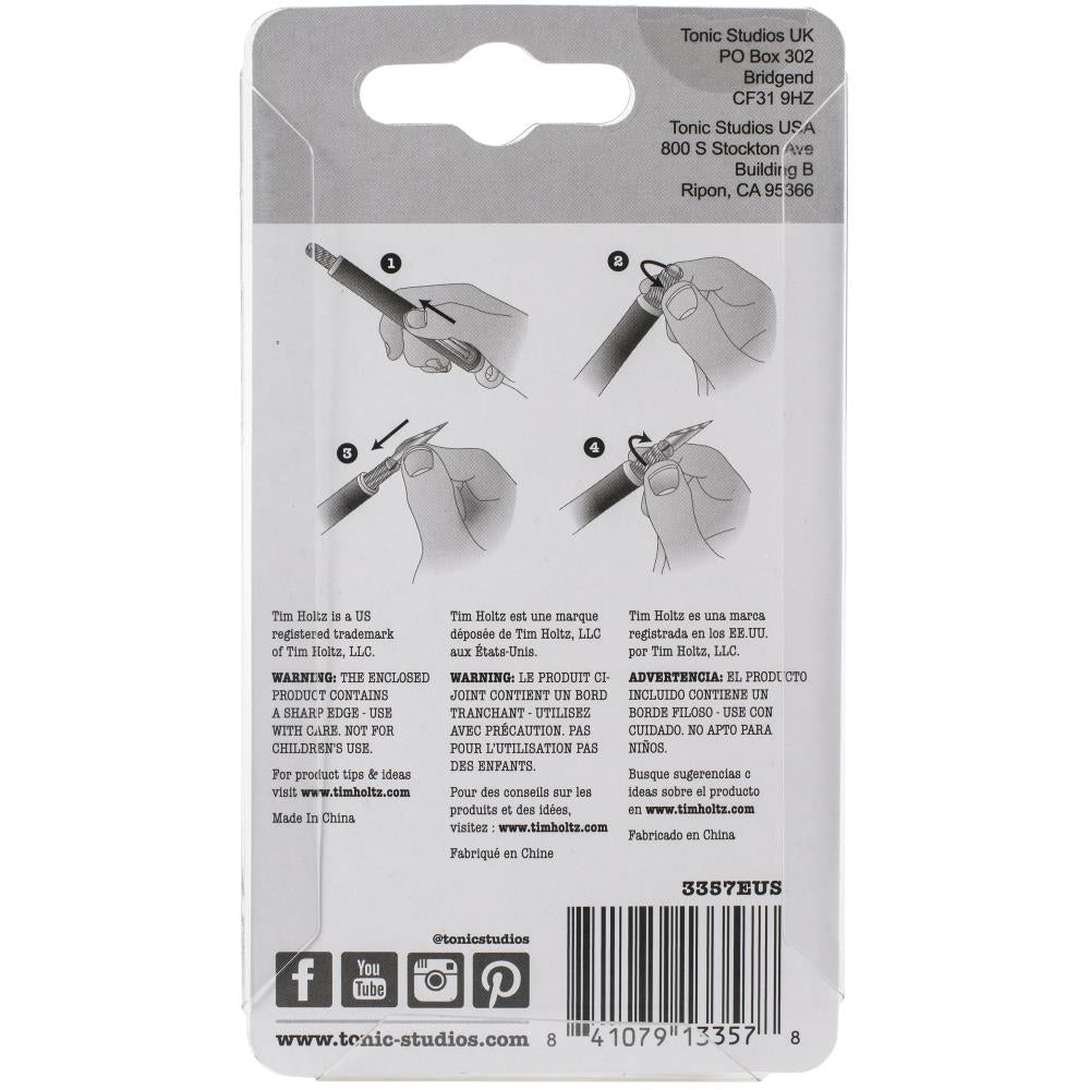 Long Pointy - Spare Blades (Refill no.3357EUS) - by  Tim Holtz by Tonic Studios ... to use with the Tim Holtz Retractable Craft Knife (no.3356E, not included, sold separately).   This is the pack contains 5 (five) spare blades and basic instructions on the back of the pack. These are very sharp, durable pointy, steel blades with a long triangular shape. The very sharp working edge is approx 20mm long. Photo showing instructions.