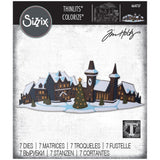 Holiday Village ... Thinlits - Colorize Die Cutting Templates by Tim Holtz and Sizzix (no. 664737).   Create a wonderful 7 1/8" wide x 2 7/8" tall town centre (with a clock, church, hall, large Christmas tree dotted with lights) as a backdrop for your Paper Village buildings or create a scene with your journal, cards, scrapbook pages, mixed media creations, tags. 