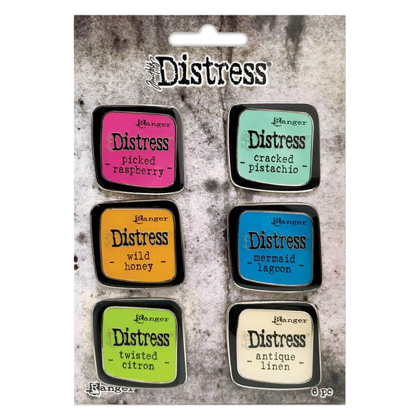 Tim Holtz Distress Enamel Pins - Set no.1 ... Picked Raspberry, Wild Honey, Twisted Citron, Cracked Pistachio, Mermaid Lagoon, Antique Linen ... 6 (six) enamel and metal brooches, badges or lapel pins that are square with rounded corners, just like a retro styled Distress Ink Pad.