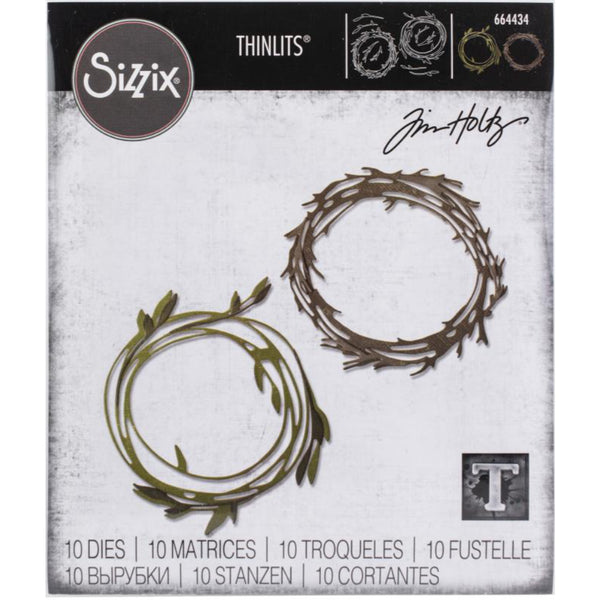 Funky Wreaths ... Thinlits Die Cutting Templates by Tim Holtz, made by Sizzix (no.664434).  This set of Thinlits templates features 2 (three) intricate and intertwined circular wreaths (rounds of leaves and branches) that suit any project you wish to create. Birds and other critters love sitting on and through these beautiful pieces.