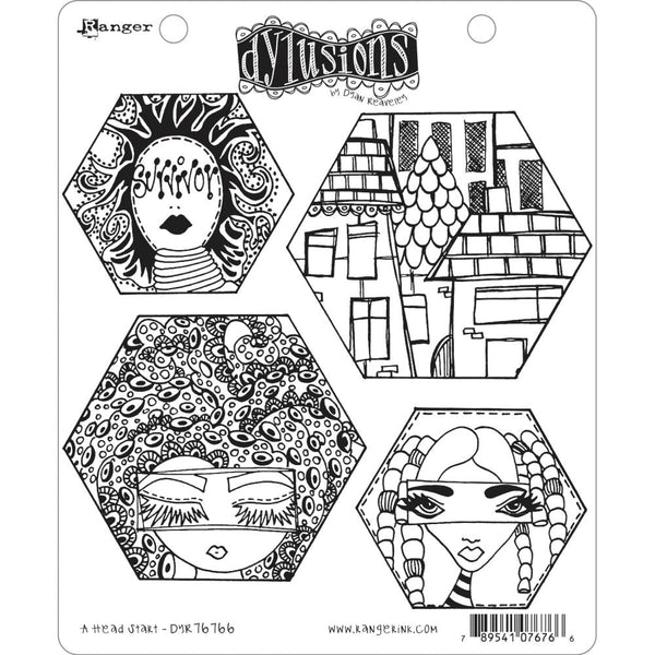 A Head Start ... rubber stamp set - Dylusions by Dyan Reaveley (4 designs).  This fun set of hexagons has fabulous and versatile designs including faces and houses. Mix and match your hexagon stamps with the quilting stencils for even more possibilities! Have fun :)  Sizes (approx) : largest hex is 4" x 3 1/2" with sides 2" long, smallest hex is 3" x 2 5/8" with sides of 1 1/2" long. DYR76766
