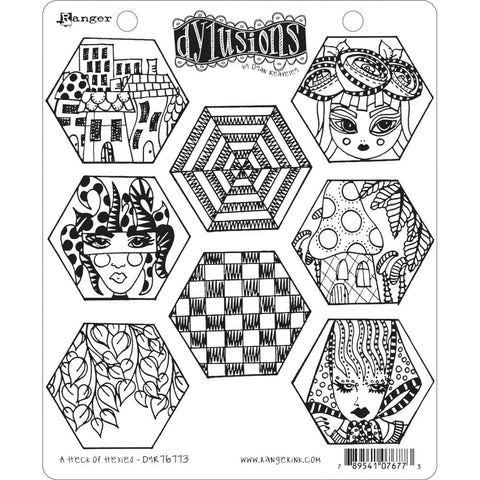 A Heck of Hexies ... rubber stamp set - Dylusions by Dyan Reaveley (8 designs).  Quilting the Dylusional Way! This fun set of hexagons has fabulous and versatile designs including faces, leaves, houses, tangled patterns and toadstools. Mix and match with your other Dylusions stamps and enjoy creating fun colourful unique artwork.   Sizes (approx) : each hex is 3" x 2 1/4", outer edges (sides) of the hexies are 1 1/4" long. DYR76773.