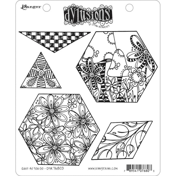 Quilt As You Go ... rubber stamp set - Dylusions by Dyan Reaveley (5 designs).  Quilting the Dylusional Way! This fun set of hexagons, diamond and triangles has fabulous and versatile designs including tangled patterns, toadstools and flowers.   Cling stamps are perfect for all art and craft projects including journaling, mixed media, cardmaking, scrapbooking, creating any kind of art, stamping to colour in, gift wrap or off-the-page projects, making shrink plastic tags. DYR76803