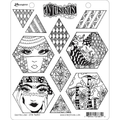 Quiltalicious ... rubber stamp set - Dylusions by Dyan Reaveley (10 designs).  Quilting the Dylusional Way! This fun set of hexagons, diamond and triangles has fabulous and versatile designs including faces, under the sea (mermaid tail and fish), tangled patterns, toadstools and flowers.   Cling stamps are perfect for all art and craft projects including journaling, mixed media, cardmaking, scrapbooking, creating any kind of art, stamping to colour in, gift wrap or off-the-page projects. DYR76810