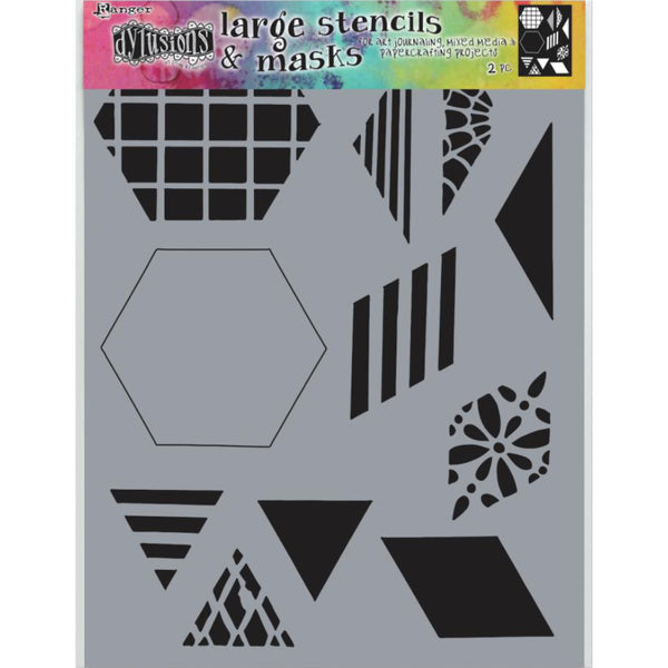 Quilt 2.0 (2 inch) ... Large (9"x12") Stencil - by Dyan Reaveley of Dylusions.  This fab stencil features 2 hexagons with diamonds and triangles, each with and without patterns inside. Includes 1 hexagon mask, 2 inches in size.  Use each individually or as a whole background element. Let your imagination be your guide and have fun!