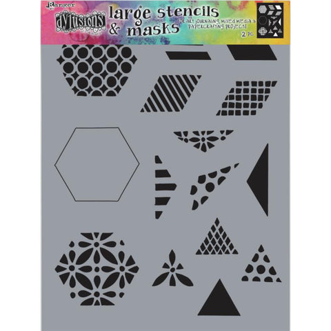 Quilt 1.5" ... Large (9"x12") Stencil - by Dyan Reaveley of Dylusions.  This fab stencil features 3 hexagons with diamonds and triangles, each with and without patterns inside. Includes 1 hexagon mask, 1 1/2 inches in size.  Use each individually or as a whole background element. Let your imagination be your guide and have fun!