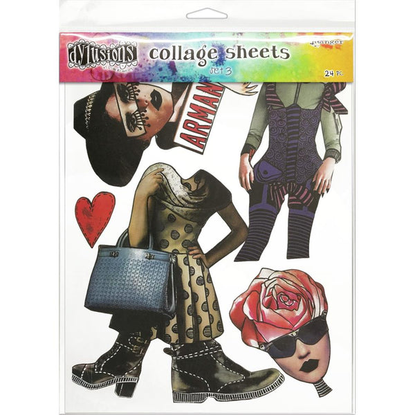 Collage Paper - set 3 ... Dylusions by Dyan Reaveley.  24 (twenty four) sheets, single sided matte white paper with 16 (sixteen) pages of full sized designs and 8 (eight) pages of half sized designs. Sheet size is 8.5" x 11".   Create bold colourful artwork using these fabulous collage sheets by Dyan Reaveley, featuring designs perfect for all our days - people in hats, heads with style, doodled silhouettes, legs, houses, pin up Queens, hearts and flowers, eyes, bunny heads, shapes and patchwork backgrounds