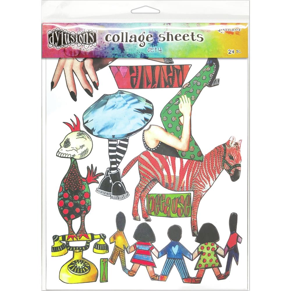 Collage Paper - set 4 ... Dylusions by Dyan Reaveley.  24 (twenty four) sheets, single sided matte white paper with 16 (sixteen) pages of full sized designs and 8 (eight) pages of half sized designs. Sheet size is 8.5" x 11".   Create bold colourful artwork using these fabulous collage sheets by Dyan Reaveley, featuring designs perfect for all our days -  heads in hands, frames, quotes, patchwork roses, stylish shoes on long legs, zebra wearing red stripes, paper dolls and more