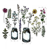 Sizzix Flower Jar Framelits Die Set by Tim Holtz - image showing measurements - Flower Jar ... Framelits (Thinlits) Die Cutting Templates ... by Tim Holtz and Sizzix (no.662270).   Create wonderful cards, journal pages, ATCs, junk journals, scrapbook pages and more using these beautiful delicate designs. This set includes 12 (twelve) sprigs, wildflowers and leaves, and 2 (two) different sized jars (with string around their neck).