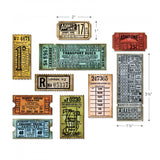 examples and sizing for Ticket Booth - by Tim Holtz... Sizzix Framelits Die Cutting Templates (no.662698). This set of chemical-etched thin metal dies are designed to work perfectly with the coordinating stamp set (cms337 sold separately) with speed, precision and ease! The die set includes 6 templates - the samples in the photos are made using the coordinating stamp set (also called "Ticket Booth", cms337, sold separately).