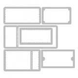templates for Ticket Booth - by Tim Holtz... Sizzix Framelits Die Cutting Templates (no.662698). This set of chemical-etched thin metal dies are designed to work perfectly with the coordinating stamp set (cms337 sold separately) with speed, precision and ease! The die set includes 6 templates - the samples in the photos are made using the coordinating stamp set (also called "Ticket Booth", cms337, sold separately).