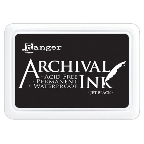 Jet Black - Archival Ink Stamp Pad ... by Ranger. Full sized ink pad, 3"x2" with raised felt for easy application.   Ranger's Archival Ink is permanent on porous surfaces like card, paper and over acrylic paint. This black ink is ideal for all arts and crafts including mixed media, stamping and art journaling projects. 