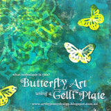 Art by Jenny creation - Jenny James of Australia - stenciled artwork of butterflies made using paper masks, in colours of sea green, blue and yellow.