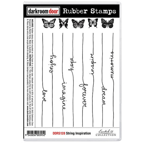 String Inspiration - Red Rubber Stamp Set with cling foam backing featuring 13 (thirteen) designs ... by Darkroom Door (DDRS128). Set of 8 (eight) sentiments in cursive script with long lines each side of the word, plus 5 (five) small detailed butterflies. 