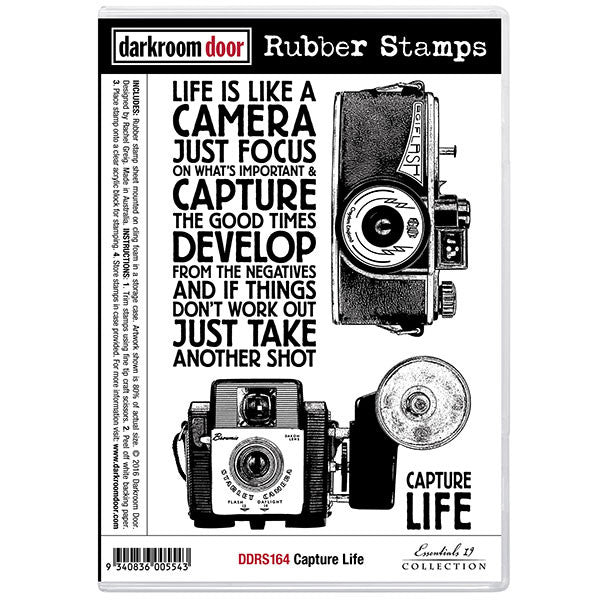 Capture Life ... rubber stamp set by Darkroom Door. (DDRS164). 2 (two) realistic looking vintage cameras and 2 (two) text blocks.   "Life is like a camera. Just focus on what's important and capture the good times, develop from the negatives and if things don't work out, just take another shot"