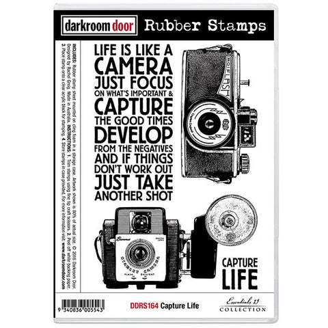 Capture Life ... rubber stamp set by Darkroom Door. (DDRS164). 2 (two) realistic looking vintage cameras and 2 (two) text blocks.   "Life is like a camera. Just focus on what's important and capture the good times, develop from the negatives and if things don't work out, just take another shot"