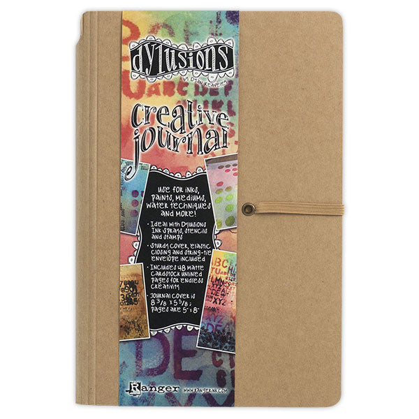 Dylusions Creative Journal, Small 5"x8" ... by Dyan Reaveley and Ranger - This book features a hardback kraft cover, pocket inside the front cover, elastic closure, and filled with 48 pages of blank creamy white 240gsm Mixed Media Cardstock with a matte finish. Opens flat for ease of use. 