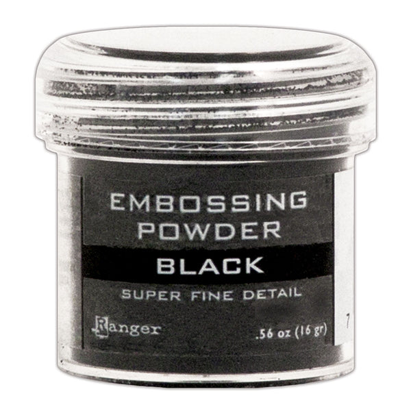 Ranger Embossing Powder in opaque black for creating super fine detail - Add colour, dimension, and texture to paper craft, mixed media and hand lettering projects with Ranger heat activated Embossing Powder. Embossing powder once melted with a heat tool, creates a smooth dimensional permanent finish on cardstock, scrapbook paper, TH Etcetera artboards, embellished canvas shoes and other arty projects.