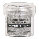 Silver Tinsel - gloss silver sparkly shimmery finish - Add colour, dimension, and texture to paper craft, mixed media and hand lettering projects with Ranger heat activated Embossing Powder. Embossing powder once melted with a heat tool, creates a smooth dimensional permanent finish on cardstock, scrapbook paper, TH Etcetera artboards, embellished canvas shoes and other arty projects.