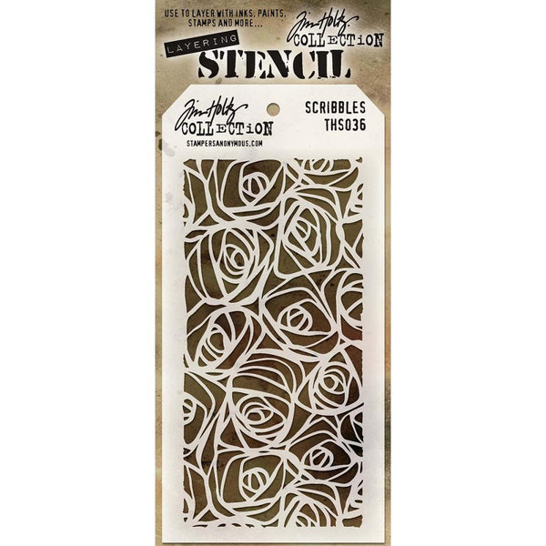 Tim Holtz Layering Stencil - Scribbles. Fab rose styled stencil to use in mixed media, art journaling, crafts and art with a variety of mediums and paints.