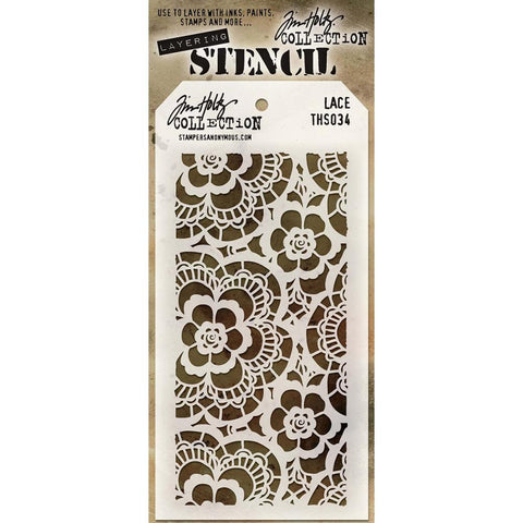 Lace ... layering stencil by Tim Holtz (THS034).  A simple and beautiful traditional lace design featuring 6-petalled daisies (flowers) with intricately "stitched" details.  Create layers of colour and texture using this stencil with a wide variety of art supplies - paints, pastels, markers, pencils, gesso, texture paste, mediums and other art and craft materials.