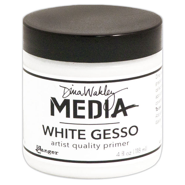 White Gesso - Dina Wakley MEdia ... artist quality white opaque primer for preparing surfaces for painting, mixed media and visual arts. 1 (one) jar, 4 fl oz (118ml). Made by Ranger.   Ranger's Dina Wakley MEdia's artist quality White Gesso (also called grounds or primer) is a thick consistency, made of an acrylic base that is water soluble when wet. This quick drying gesso dries opaque white, flexible with a toothy finish. 