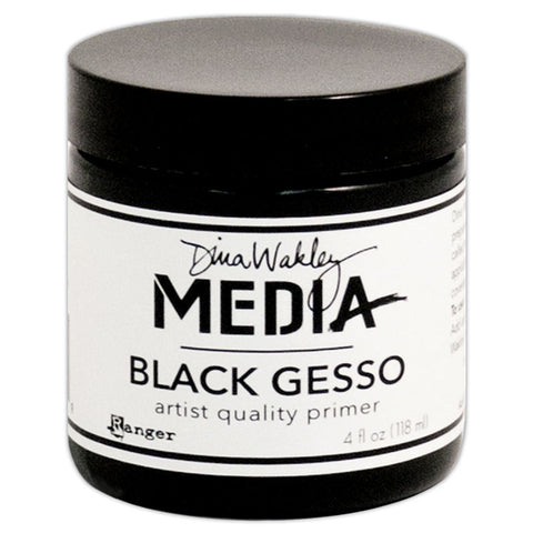 Black Gesso - Dina Wakley MEdia ... artist quality black opaque primer for preparing surfaces for painting, mixed media and visual arts. 1 (one) jar, 4 fl oz (118ml). Made by Ranger.   Ranger's Dina Wakley MEdia's artist quality Black Gesso (also called grounds or primer) is a thick consistency, made of an acrylic base that is water soluble when wet. This quick drying gesso dries opaque black, flexible with a toothy finish. 