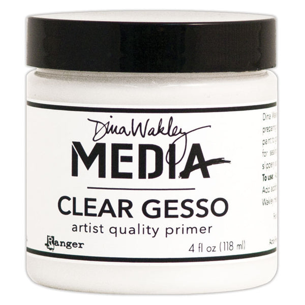 Clear Gesso - Dina Wakley MEdia ... artist quality primer for preparing surfaces for painting, mixed media and visual arts. 1 (one) jar, 4 fl oz (118ml). Made by Ranger.   Ranger's Dina Wakley MEdia's artist quality Clear Gesso (also called grounds or primer) is a thick consistency, made of an acrylic base that is water soluble when wet. This quick drying gesso dries flexible and transparent with a toothy finish. 