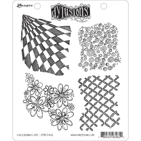 Background Love ... Stamp Set - Dylusions by Dyan Reaveley cling rubber stamps for journaling, art and mixed media. 4 (four) background or filler stamps.  This set of 4 wonderful designs feature a spattering of flowers, gathering of swirls, textured image of cross hatching or stitching and a tiled image that appears to go off into the distance.  Sizes (approx) : Stamps are various sizes, the flowers are 3" x 3", swirls are 2 1/2" x 3" high.