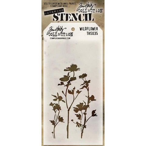 Wildflower ... layering stencil by Tim Holtz (THS035)   This Tim Holtz stencil features a delicate silhouette of tall wildflowers.   Create layers of colour and texture using this stencil with a wide variety of art supplies - paints, pastels, markers, pencils, gesso, texture paste, mediums and other art and craft materials.