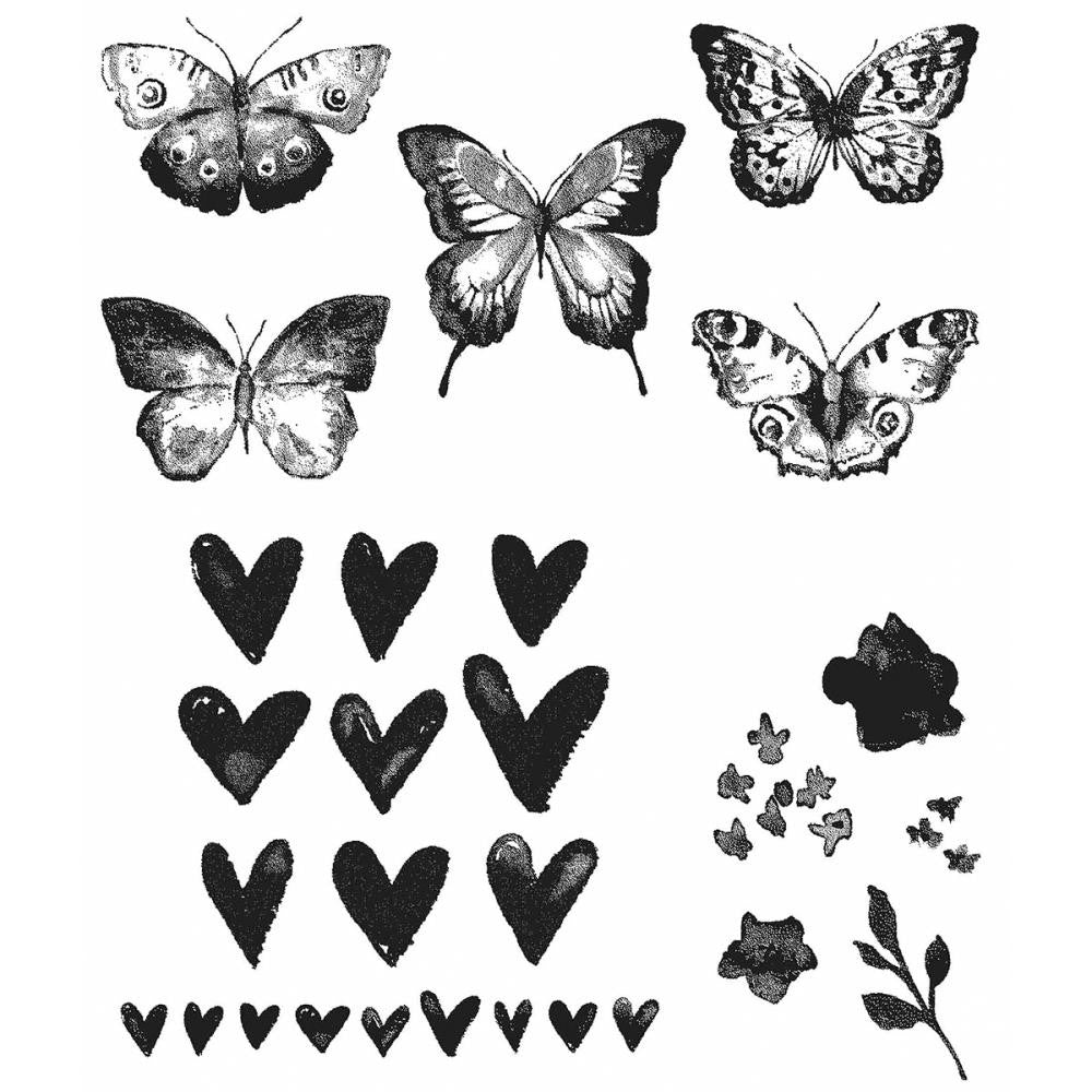 Stamp set by Tim Holtz and Stampers Anonymous. Butterflies, hearts, petals and foliage make up this beautiful collection of stamps.
