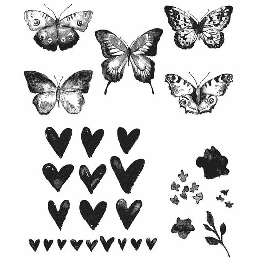 Stamp set by Tim Holtz and Stampers Anonymous. Butterflies, hearts, petals and foliage make up this beautiful collection of stamps.