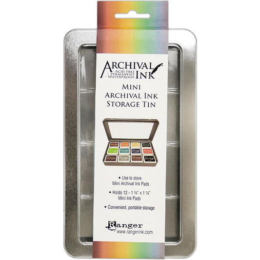 Mini Archival Ink Pad Storage Tin ... by Tim Holtz and Ranger - 1 (one) empty metal container with hinged lid and window. Holds 12 (twelve) Mini Archival Ink Pads (not included).  This conveniently sized, portable metal container with a hinged lid is the ideal storage solution for Mini Archival Ink pads and long enough to hold markers, pens, pencils and many other craft items.  One empty tin holds up to 12 Ranger, Distress, Dylusions or Spellbinders Mini Archival Ink pads (not included).