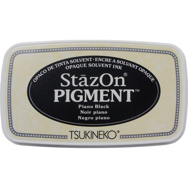 Piano Black - StazOn Pigment Ink Pad ... by Tsukineko. Stamp pad with solvent based opaque ink for use on all surfaces. Fast drying and permanent on non-porous surfaces such as transparencies, acetate, glass, metal and cardstock. Also called Stayzon.