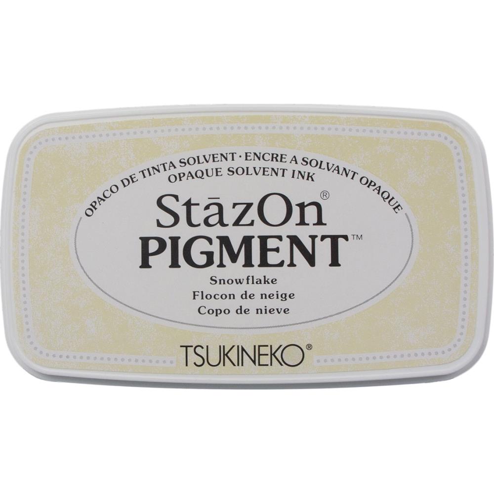 Snowflake White - StazOn Pigment Ink Pad ... by Tsukineko. Stamp pad with solvent based opaque ink for use on all surfaces. Fast drying and permanent on non-porous surfaces such as transparencies, acetate, glass, metal as well as fabric and cardstock. Also called Stayzon.