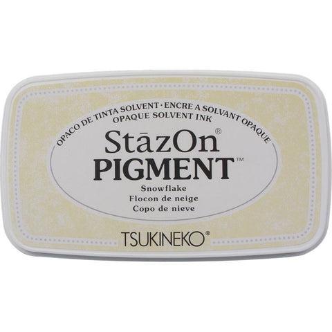 Snowflake White - StazOn Pigment Ink Pad ... by Tsukineko. Stamp pad with solvent based opaque ink for use on all surfaces. Fast drying and permanent on non-porous surfaces such as transparencies, acetate, glass, metal as well as fabric and cardstock. Also called Stayzon.
