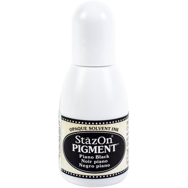 Piano Black - StazOn Pigment Reinker ... by Tsukineko. Solvent based opaque ink that is fast drying and permanent on non-porous surfaces such as transparencies, acetate, glass, metal as well as papers. This is the refill for the StazOn Pigment Ink Pad in Piano Black (sold separately). Bottle has a fine tip and holds .5 fl oz (15ml).  